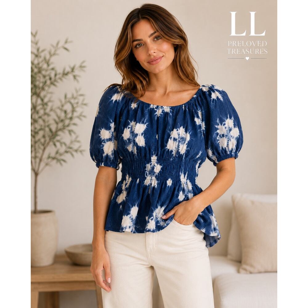 Sea New York Blue Tie Dye Puff Sleeve Smocked Peplum Top Women's Small